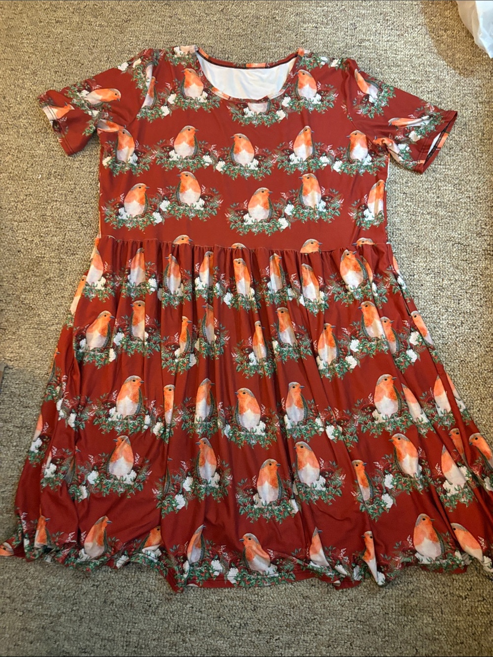 Women's Holiday Red Robin-Print Short Sleeve Midi Dress